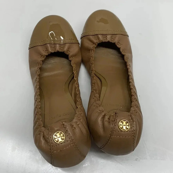 Tory Burch Romy High Heels Shoes Patent Leather Cap Toe Scrunched Brown Tan 7.5 - Picture 5 of 13